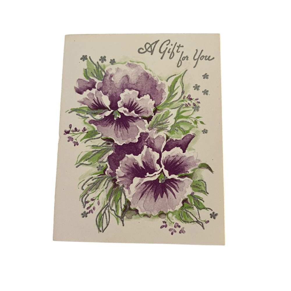 Vintage Unused Greeting Card A Gift For You Green Purple Pansy Flowers Blank
